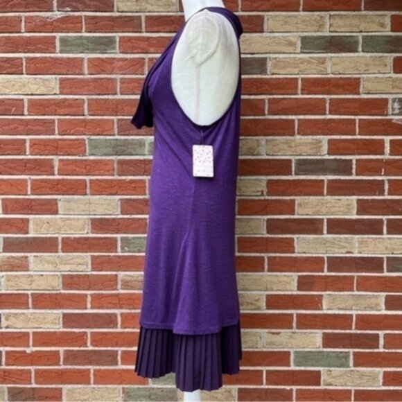 🔥 NWT Free People Cowl Neck Drop Waist Purple Black Plisse Hem Dress - Picture 5 of 12